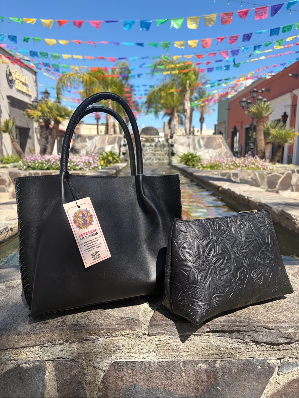 MEXICANA Leather Black Women's Tote with Handtooled Black leather Pouch - Picture 7 of 7